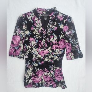 I.N.C. Floral Ruffle Front Ruched Button Hook & Eye Mesh Blouse Black Purple Y2K